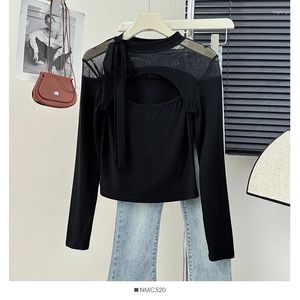 Blusas femininas chique laço laço oco manga longa colheita topo magro sexy coreano camiseta moda o pescoço camisa de outono