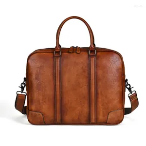 Briefcases Highend Vintage Brown A4 Full Grain Genuine Leather 14'' 15.6'' Laptop Executive Office Men Briefcase Portfolio Messenger Bag