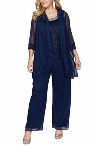 Kvinnors matchning Set Chiff Three Pieces Set Pant Suits Plus Size Floral Lace 3/4 Sleeve Solid Elegant Casual Cardigans Outfit C2LB#