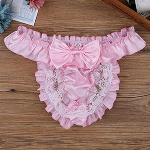 Underpants Men Sissy Feminization Underwear Lace Bow Tie Panties See-Through Satin Bikini G-String Thong Backless Briefs Sexy