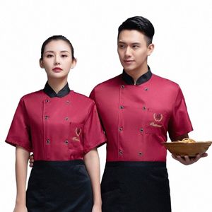 chef Overalls Men's Short-Sleeved Summer Thin Hotel Restaurant Catering Baking Cake Shop Kitchen Cook Clothes p93w#