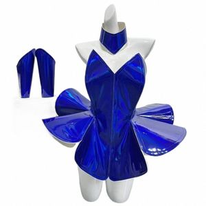 Gelecek Teknoloji Kostümü Yansıtıcı Glitter Lazer Mavi Kabarcık Mini Dr Jazz Dans Giysileri Bar Seksi Drag Queen Kostüm R1BF#
