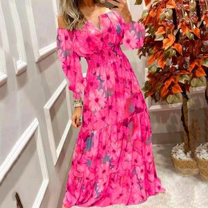 Casual Dresses Female Dress Sleeve Womens Boho V Long Neck Flower Print Tiered Maxi Ruffle Women's Tie Flowy Midje Chiffon