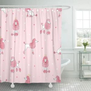 シャワーカーテンピンク色のかわいい水彩カーテンポリエステル60 x 72インチセットフックの動物プードルドッグパターン