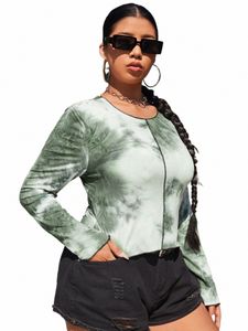 بالإضافة إلى الحجم الأنيق Fi Spring Autumn Lg Sleeve Tie Dye Bluse Women Lettuce Trim Gheath Brive Sexy T-Shirt كبير الحجم 6xl L1xx#