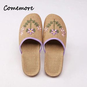 Chinelos Comemore Linho Home Slip On Senhoras Gordura Confortável Homens Mulheres Primavera Verão Sapatos Mulheres Calçados Linho Bordado Interior