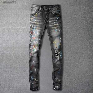 Men's Jeans New retro splatter ink jeans old washed stretch jeans striped jeans striped jeansL2403