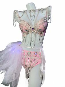 Sexy LED Performance Stage Wear Rosa Pearl Rhinestes Bikini Set Nightclub Mulheres DJ Pole Dance Costume Party Models Show Outfit u0Lm #