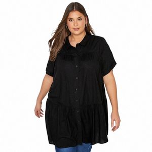 plus Size Summer Elegant Lgline Smock Shirt Women Short Sleeve Black Casual Tiered Blouse Large Size Loose Black Shirt 6XL 7XL M68v#