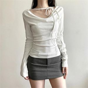 T-shirt da donna semplice sottile casual autunno viaggio gioventù ragazza camicia base interna top scollo a V manica lunga confortevole 066C