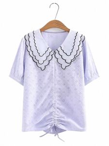 プラスサイズの女性の夏のTシャツ人形ネックブラウス多層波状のエッジとソリッドカラーのジャッククアードポリエステル薄いTシャツ＃＃