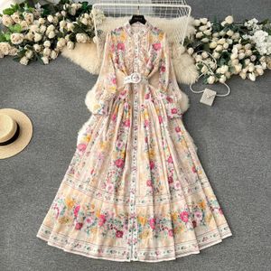 Grundläggande avslappnade klänningar 2024 Fashion Holiday Gorgeous Flower Chiffon Maxi Dress Women's Stand Ruffles Long Lantern Sleeve Floral Print Belt Boho Robe Vestido