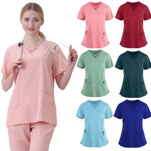 Ny unisex-sjuksköterska skrubber kvinnor sjuksköterska enhetlig jultomten tryck V-hals klinik enhetlig sjukhus sjukvård spa t-shirt blus