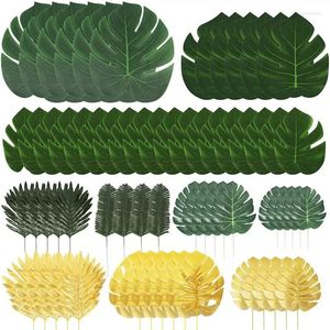 Decorative Flowers 72 Pcs 10 Kinds Artificial Palm Leaves Golden Tropical With Stems Jungle Decorations For Party Wedding