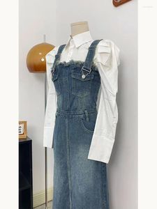 Рабочие платья, комплект французского джинсового платья на бретелях, женский весенне-осенний комплект 2024, тонкая белая рубашка с длинными рукавами-буфами и лацканами, костюм из 2 предметов