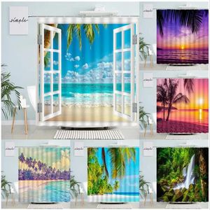 Shower Curtains Palm Trees Beach Curtain Sets Tropical Ocean Island Hawaii Nature Landscape Bathtub Fabric Bathroom Decor Hooks