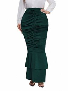 Lägg till elegant plusstorlek för kvinnors blyerts kjolar 2022 Autumn Bodyc Folds Fell Tiered midja Slim Fit Female Ankle-Lengen kjol F029 N8P2#