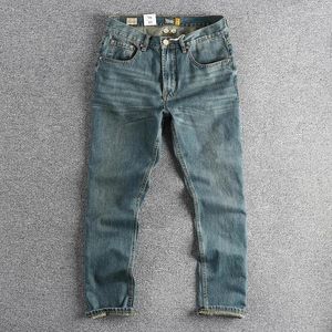 Herr jeans kan khaki vintage blå veck tvätt hantverk passar rak ben ungdomar basiska byxor