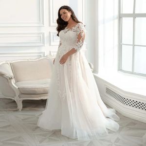 2024 Plus Size Wedding Dress Sheer Scoop Neck Lace Applique 3/4 Sleeves Bridal Bride Gowns Vestido De Novias Robe De Mariage