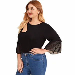 Plus-storlek Half Sleeve Summer Fi Chic Tunic Tops Women Casual Solid Black Hollow Out Chiff Blue Female Big Size T-shirt F28Q#