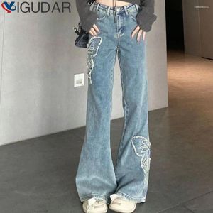 Jeans femininos em linha reta mulheres cintura alta perna larga borboleta bordado calça denim zíper tornozelo comprimento y2k pantalones vintage