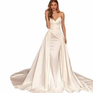 lorie Abito da sposa sexy in raso con spalle scoperte con strascico staccabile Sweetheart A-Line bianco / avorio Abiti da sposa abiti da sposa L89X #