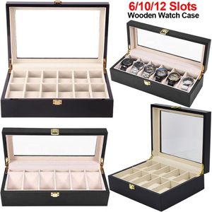 6 10 12 Slots Pudełko zegarek czarny drewniany biżuteria Organizer Watch Display Case Glass Top Wris Watches Box Luksusowy uchwyt D40195E