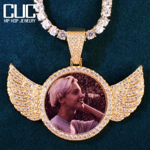 Necklaces Custom Round Angel Wing Photo Pendant Necklace for Men Solid Back Make Memory Circle Picture Hip Hop Jewelry Chain