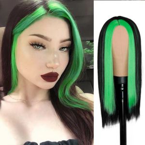 Perucas perucas sintéticas moda longa peruca de cabelo liso e reto destacando cabelos verdes para meninas com peruca de cosplay