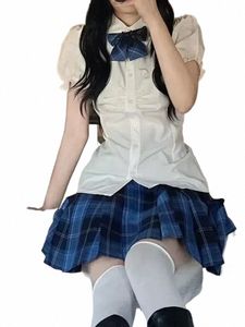 sweet Japanese Women School Kawaii Cute Uniform Shirt Set Korean And Pleated White Girl Cosplay Anime Plaid L8A1#