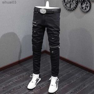 Men's Jeans Street Fashion Mens Jeans Black Elastic Tight Punk Trousers Elastic Tear Jeans Mens Zipper Designer Hip Hop Jeans HombreL2403