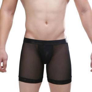 Open Butt Men Underwear Erotic Long Leg Boxers Breathable Comfort Boxer Shorts Ice Silk Bare Buttocks Sheer Panties Underpants