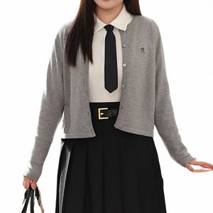 preppy Style Commuter Slim Short Knit Cardigan Plus Size Women Good Quality Spring Autumn Grey O-Neck Sweaters R3xL#
