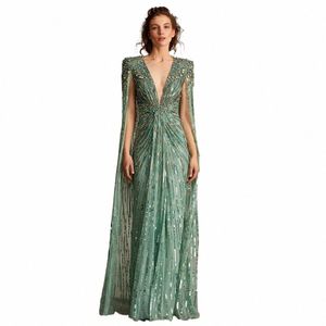 shar Said Luxo Dubai Sage Green Evening Dres com Cape Fuchsia Crystal Gold Elegante Mulheres Casamento Formal Party Gown SS399 11qs #