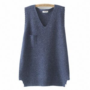 4xl plus size kvinnor marinblå tröja väst Löst hög strecth LG Pullover Solid V-hals Asymmetrisk längd Pocket Curve Jumper A1HU#