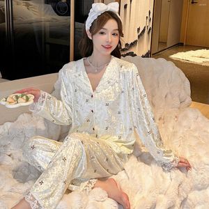 Ev Giyim Moda Baskısı Placowear 2pcs Pijamas Takım Sonbahar Kış Velvet Pijamalar Set Kadın Gevşek Kadife Giysileri Salonu Giyim