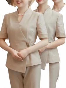 spa Health Skin Management Beautician Pedicure Technician Uniform Elastic Breathable Seven-point Sleeve Beige Blouse+Pants Set W0OP#