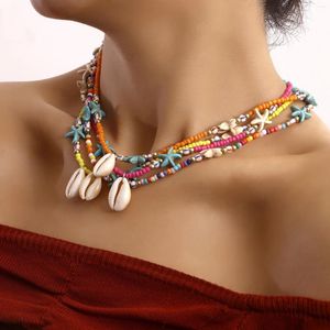 Chains Bohemian Colorful Rice Beads Sea Stars And Shell Pendant Necklace Ocean Style Women's Decoration