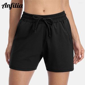 Active Shorts Anfilia Women Yoga Pilates Wear Mid-waist With Trouser Belt Loose-fitting Solid Elastic Pockets Sportswear