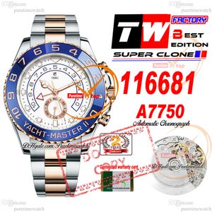 44mm 116681 A7750 Cronógrafo Automático Mens Watch TWF Dois Tons Rosa Ouro Azul Moldura Cerâmica Mostrador Branco Pulseira de Aço 904L Super Edição Cartão da Mesma Série Puretime 02