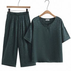 Plus Size Women's Set 2023 Summer Fi Imitati Silk Natial Style T-shirt Cropped Pants Loose Curve Clothes D4-029 H3P2#
