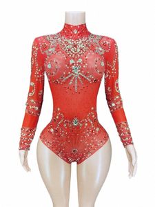 Sparkly Crystals LG Sleeve Mesh Transparent Bodysuit Sexig Dance Costume Birthday Party Night Outfit Women Leotard Stage Wear K04S#