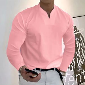 Men's Plus Size Solid V Neck Sweatshirt 12 Colors Spring New Loose Athletic Elastic Comfortable Long Sleeve T-Shirt Casual Top