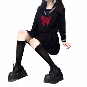 Japonês Uniforme Escolar Meninas Plus Size Jk Terno Gravata Vermelha Preto Três Uniforme Básico de Marinheiro Mulheres Lg Manga Terno V1iB #