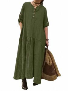2024 Summer Fi New Women's Plus Size Cott and Hemp LG Skirt Loose and Elegant Half Sleeves Holiday Style LG Skirt A4fe＃