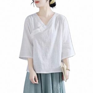 Summer Cott Linen Shirt Clothing for Women Vintage Chinese Style Elegant Dres Traditial Clothes LG Sleeve Top V Neck J9RB#