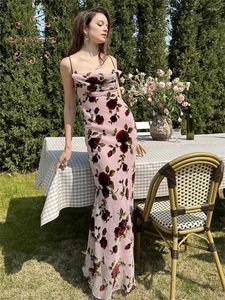 Party Dresses Easysmall House Of Cb Romantic Pink Rose Silk Burnt Flower Long Dress Design Sense Open Back Strap Suspended By The Sea