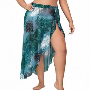 Plus Size Verão Praia Saia Mulher 2022 Fi Folhas Imprimir Alta Dividir Sexy Saia Irregular Vocathi Férias Beachwear Roupas e02P #