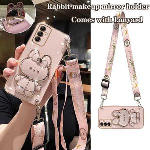 Cell Phone Cases Crossbody Lanyard Plating Rabbit Holder Case For Samsung Galaxy A14 A21S A20S A22 A23 A24 A25 A31 A42 A32 A33 A34 Cover yq240330