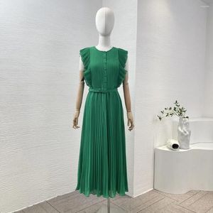 Casual Dresses 2024 Collection Spring Summer Green Ruched Pleat Ruffle Removable Belt Women Re-tro Midi Dress For Party